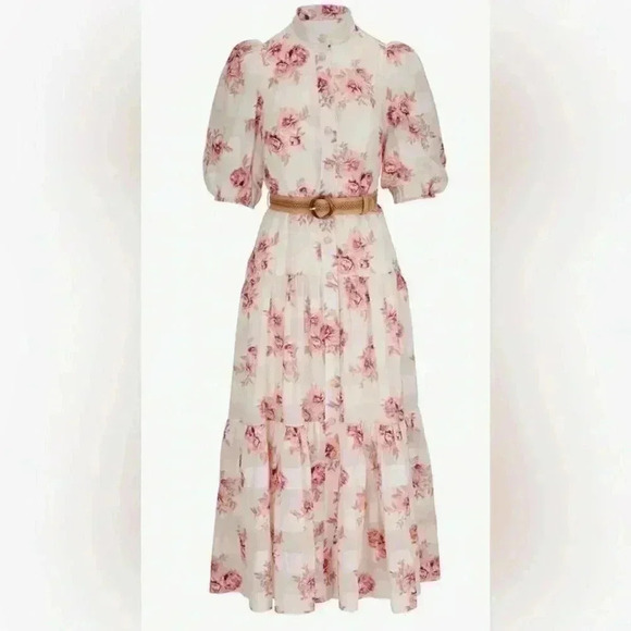 Zimmermann Rosa Midi Dress 2 US 8 M Silk Cotton Floral Stripe Tiered Belted Maxi - Picture 15 of 16